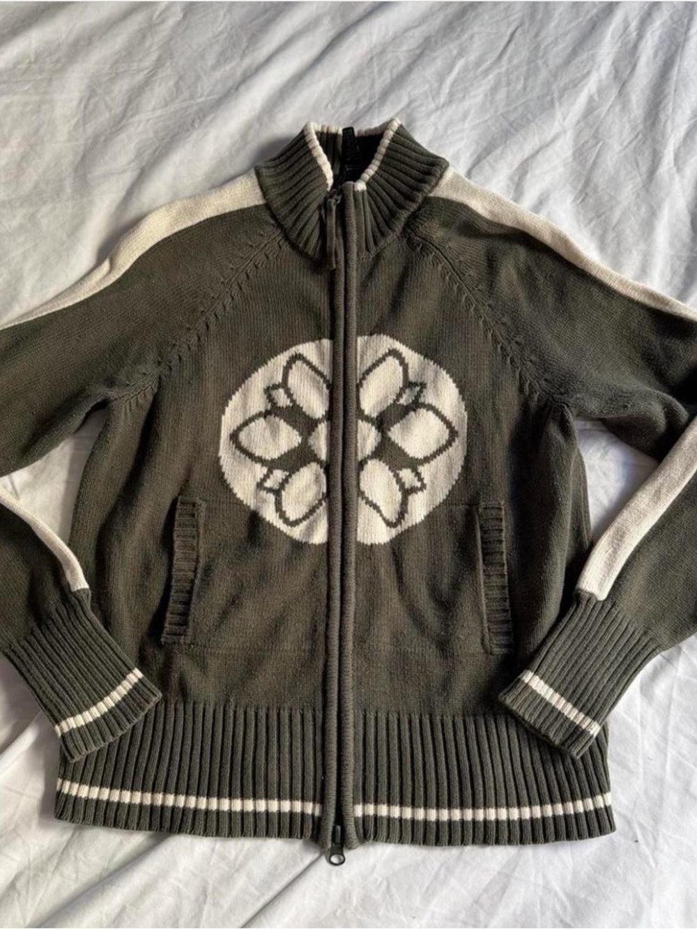 Vintage Athleta green zip-up cable knit sweater